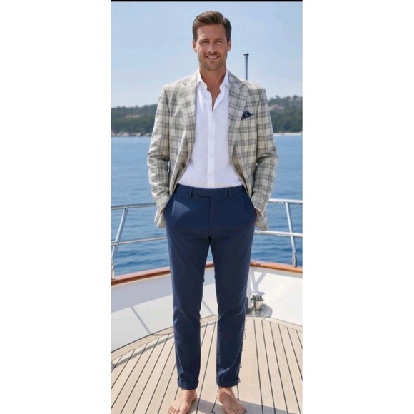 Murano Mens Slim Fit Plaid Sport Coat Blazer 44L / XL Long Jacket NWT Cream